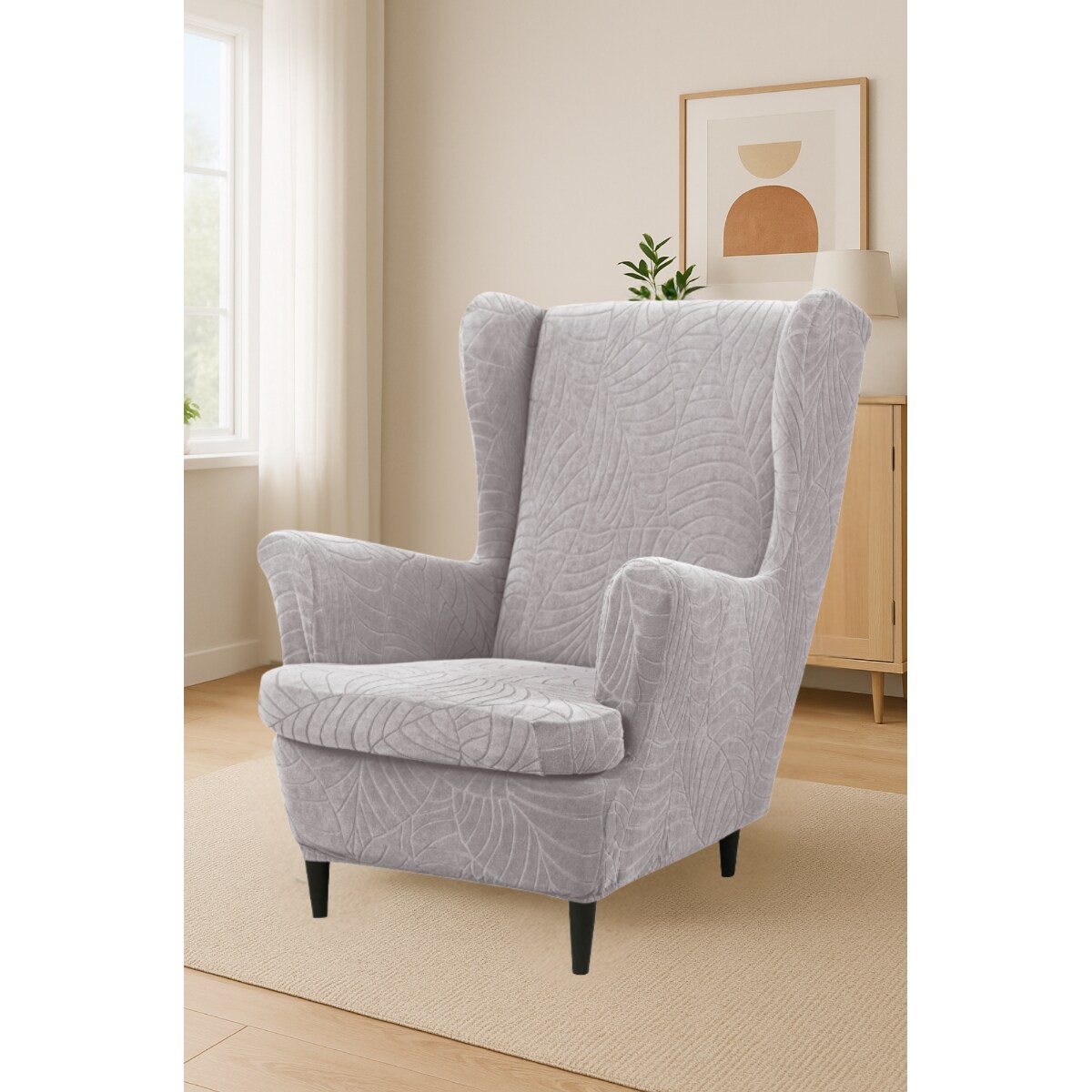 POKROWIEC NA FOTEL USZAK JASNY SZARY WELUR ŻAKARD WZORY ELASTYCZNY [30-Z3-JSZ]