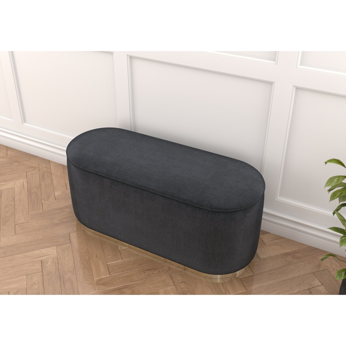 Tapicerowany owalny puf ze schowkiem Dancan SCARLETT na złotej podstawie / szer. 110 cm / szary