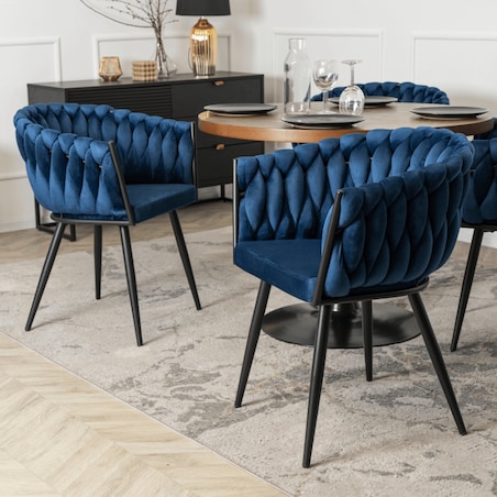 Krzesło Plecione Tapicerowane Loft Welurowe Do Salonu Jadalni Granat ELENA