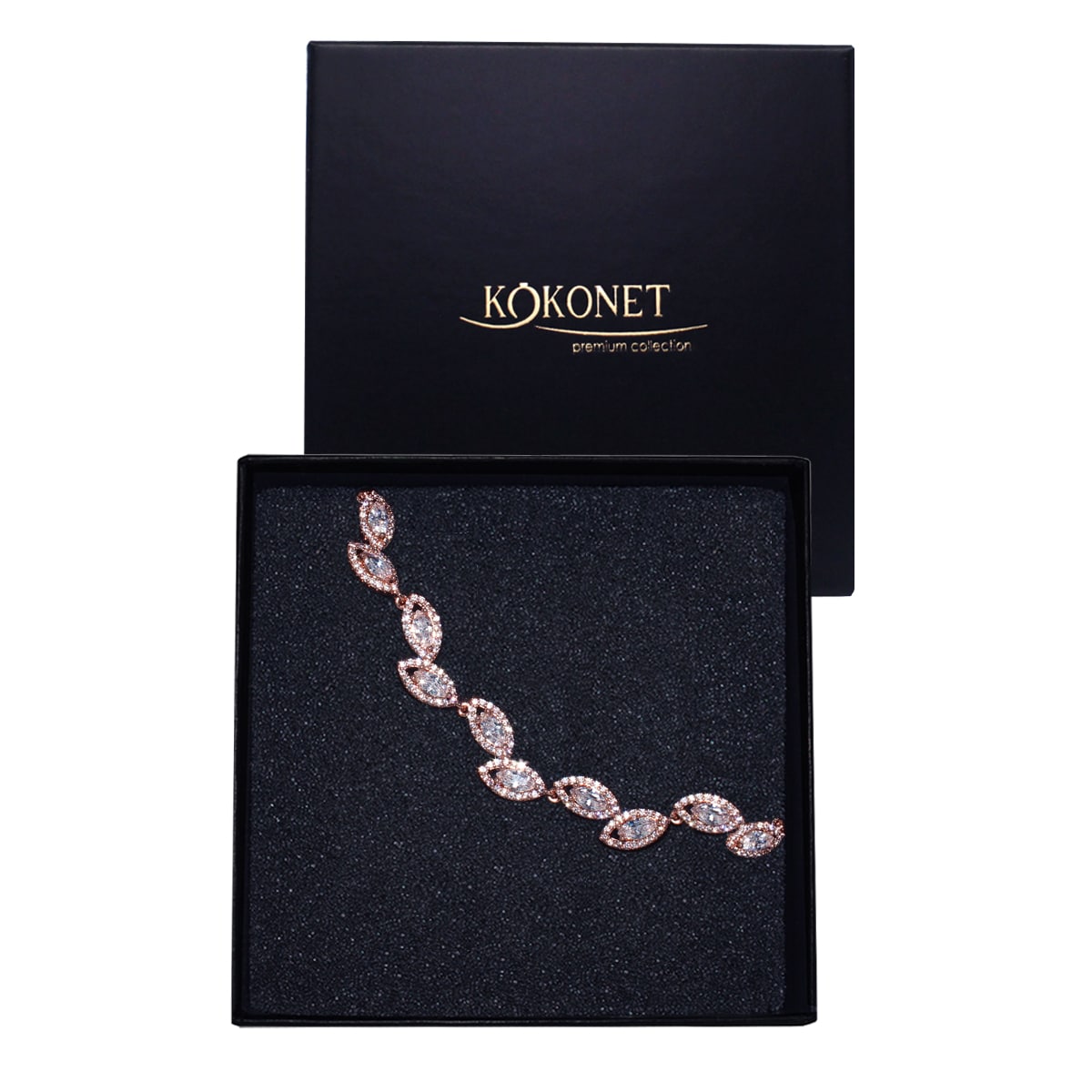 BRANSOLETA różowe złoto z listkami cyrkoniami kryształki BOHO glam