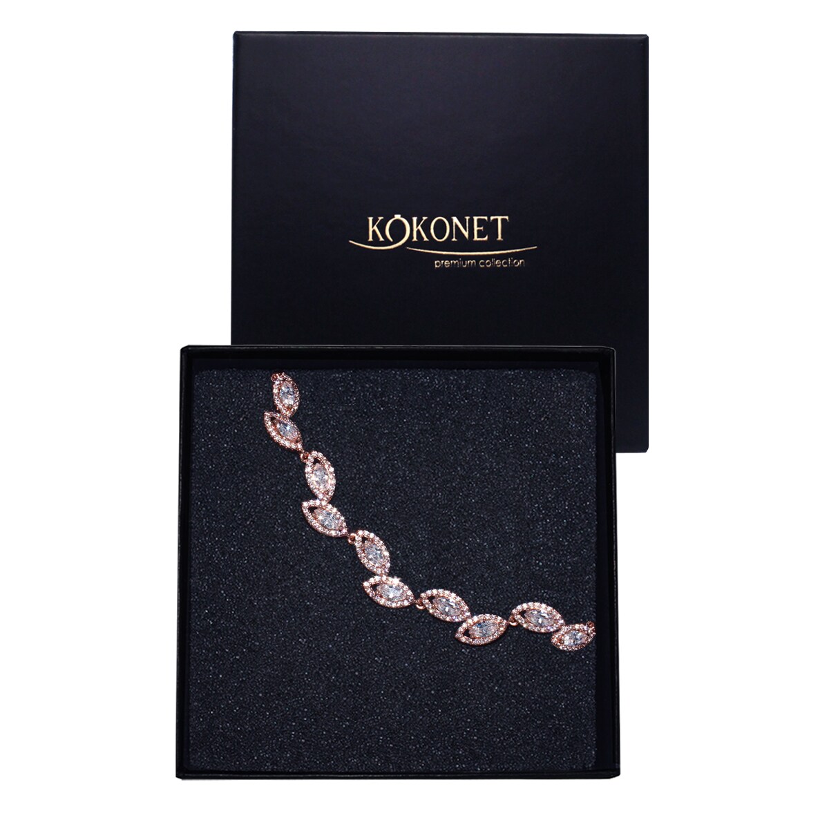 BRANSOLETA różowe złoto z listkami cyrkoniami kryształki BOHO glam