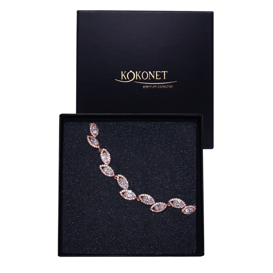 BRANSOLETA różowe złoto z listkami cyrkoniami kryształki BOHO glam