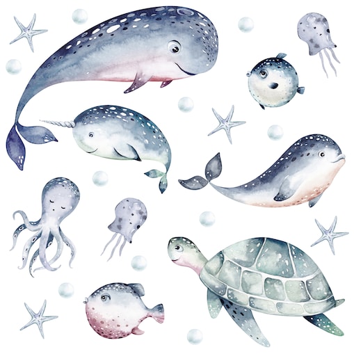 Naklejki Ścienne DLA DZIECI Akwarelowe RYBY Wieloryby Styl Boho ZESTAW 60x30cm