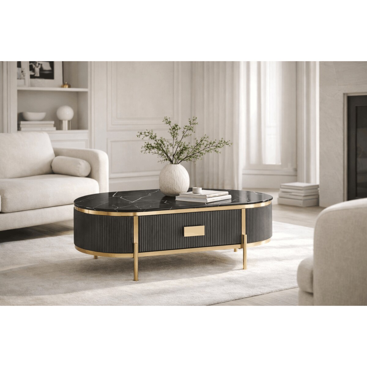 Grafitowy stolik kawowy glamour Omega ryflowany 124x71x48