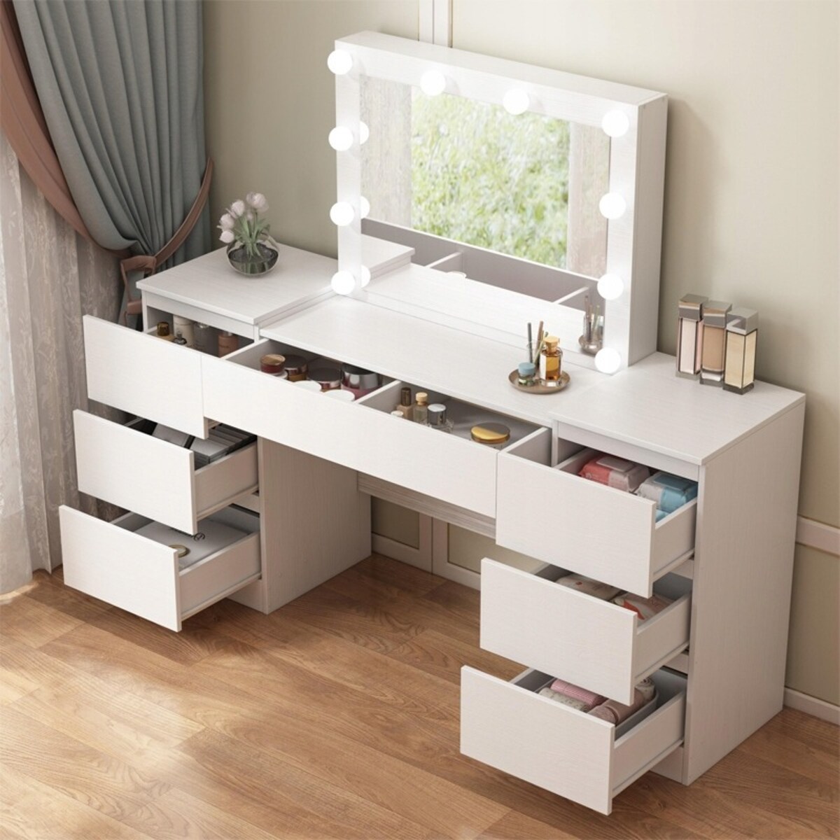 Toaletka z lustrem z szufladami biała do makijażu nowoczesna loft