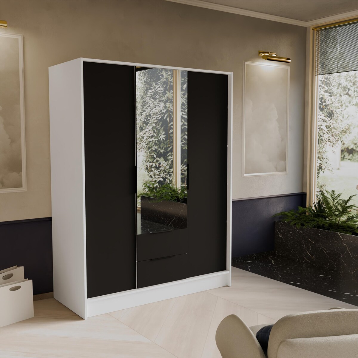 Szafa NIKOLA 150 z lustrem i regulowanymi półkami -biała+czarny front