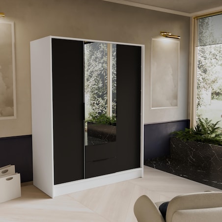 Szafa NIKOLA 150 z lustrem i regulowanymi półkami -biała+czarny front