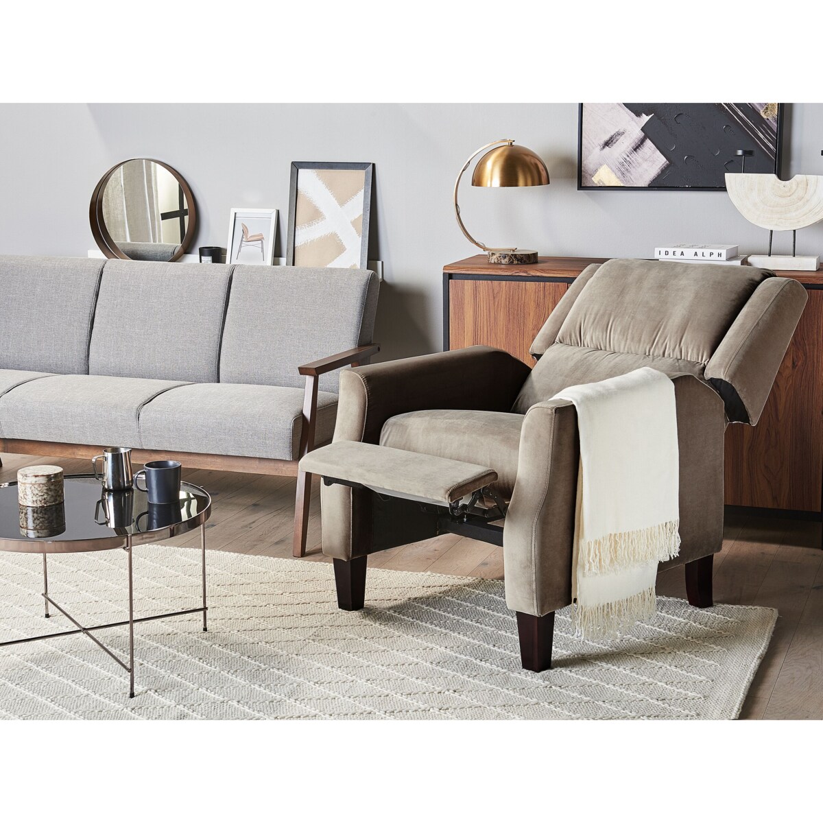 Fotel rozkładany welurowy beżowoszary EGERSUND