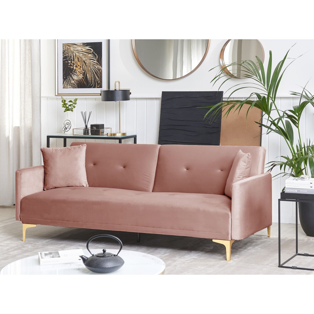 Sofa rozkładana welurowa różowa LUCAN