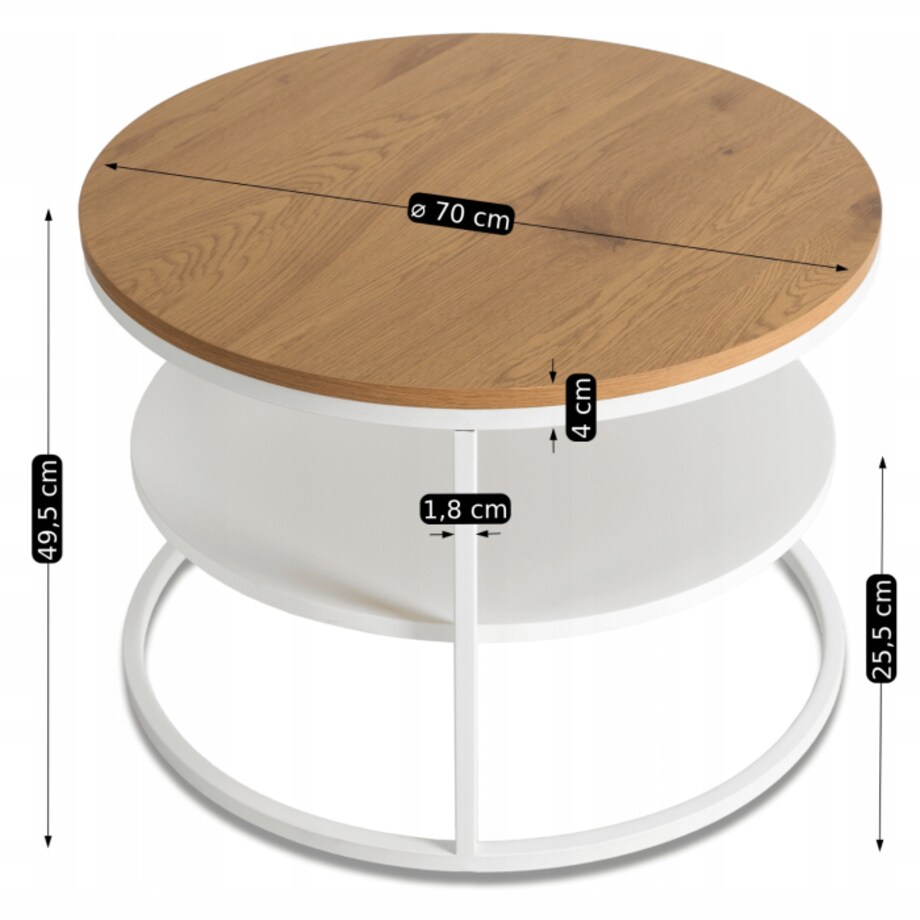 Stolik Kawowy Okrągły Skandynawski Ława Okrągła Loft Dąb Biały BEST
