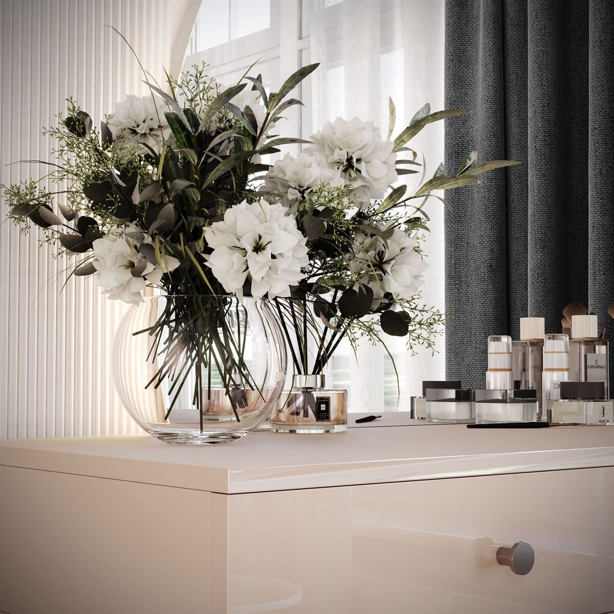 Toaletka kosmetyczna QUINNIE KASZMIR z lustrem LED chrom, lewa, uchwyt srebrny chrom