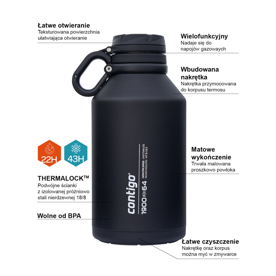Termos turystyczny duży wyprawowy Contigo Grand 1900ml - Czarny