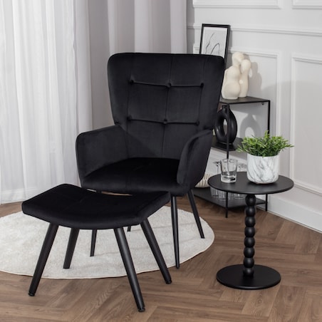 Fotel uszak z podnóżkiem do salonu wypoczynkowy welurowy tapicerowany czarny