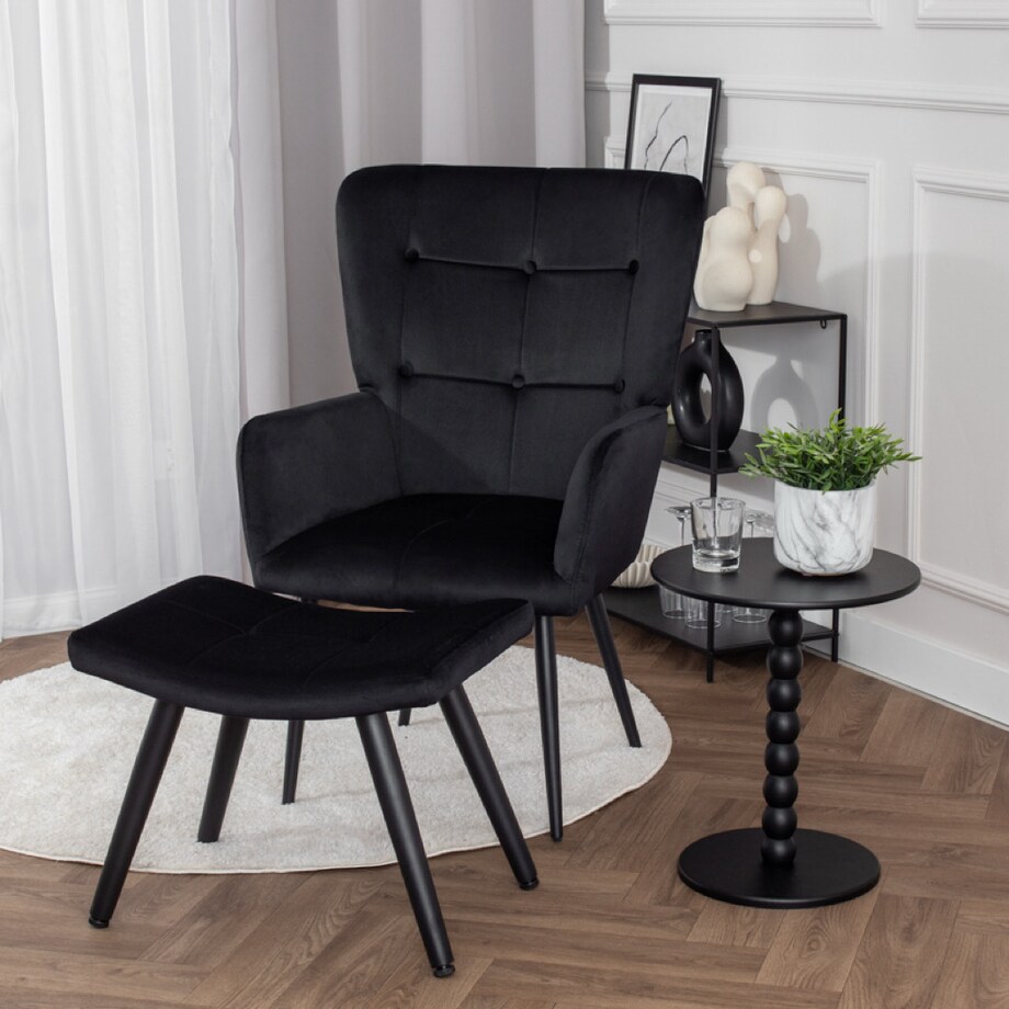 Fotel uszak z podnóżkiem do salonu wypoczynkowy welurowy tapicerowany czarny