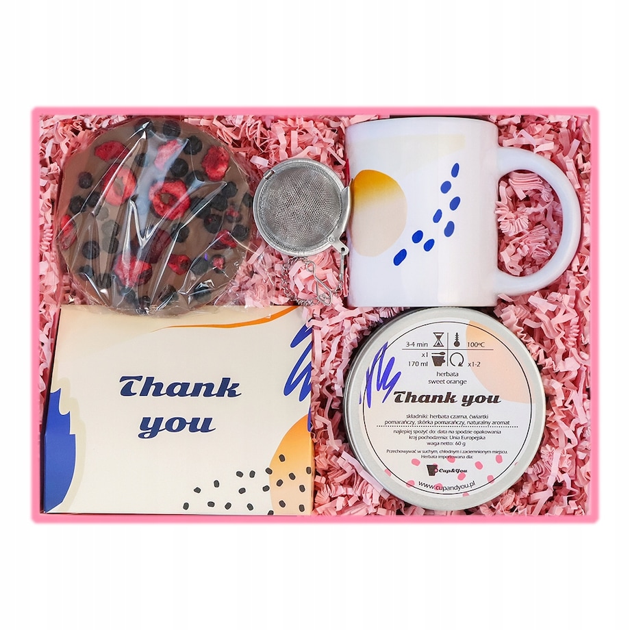 Zestaw prezentowy box "THANK YOU" z herbatami sypanymi kubkiem i czekoladą z owocami - podziękowanie prezent upominek dla kobiety dziewczyny niej