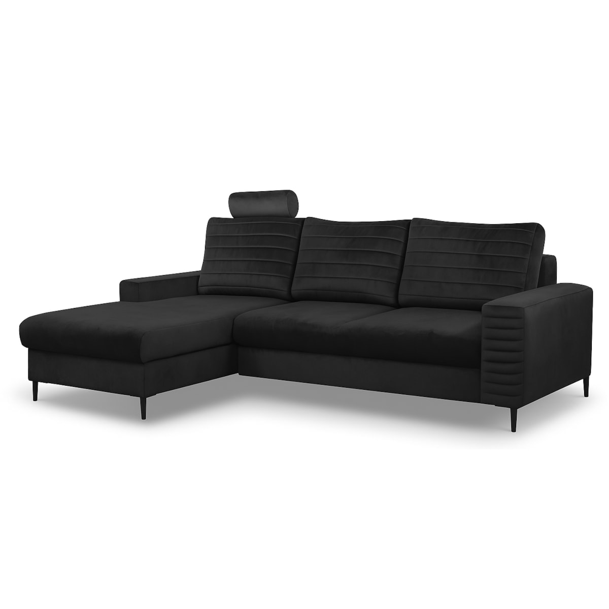 Narożnik rozkładany z zagłówkiem i pojemnikiem OLI, lewostronny, czarny