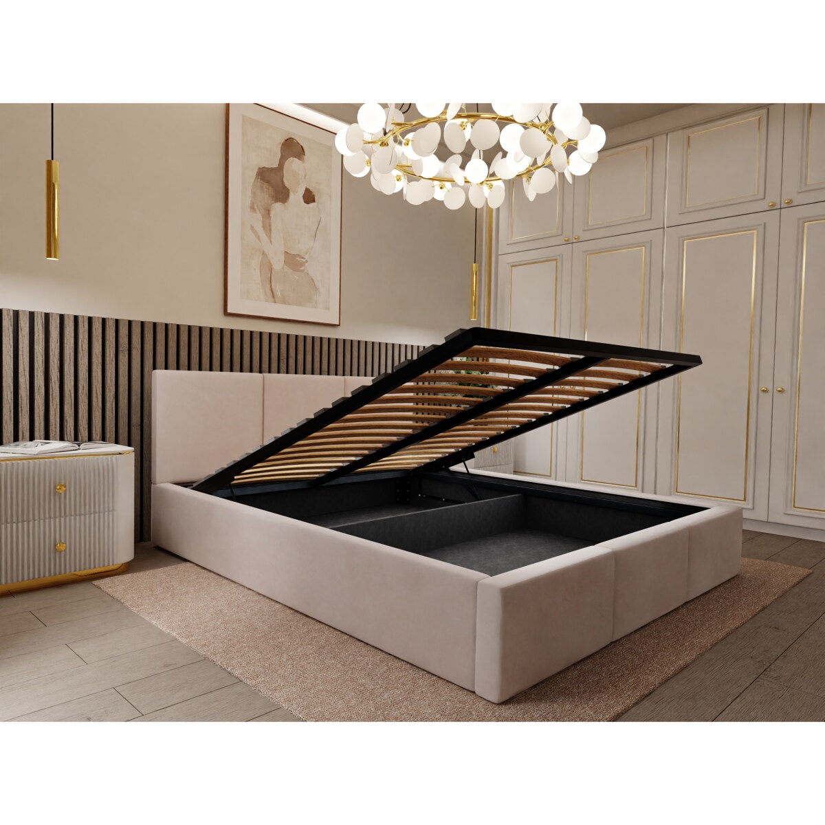 ŁÓŻKO TAPICEROWANE 160x200 ŁÓŻKO PODWÓJNE Z POJEMNIKIEM KREMOWE