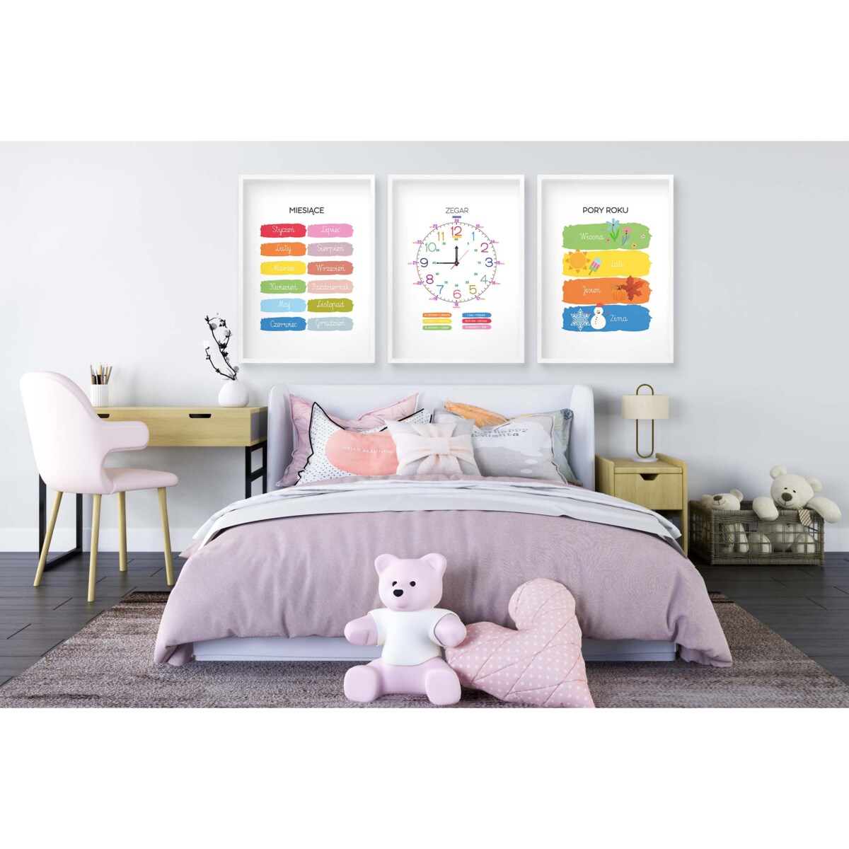 Plakaty do Przedszkola dla dzieci nauka zegara dni pór roku Montessori