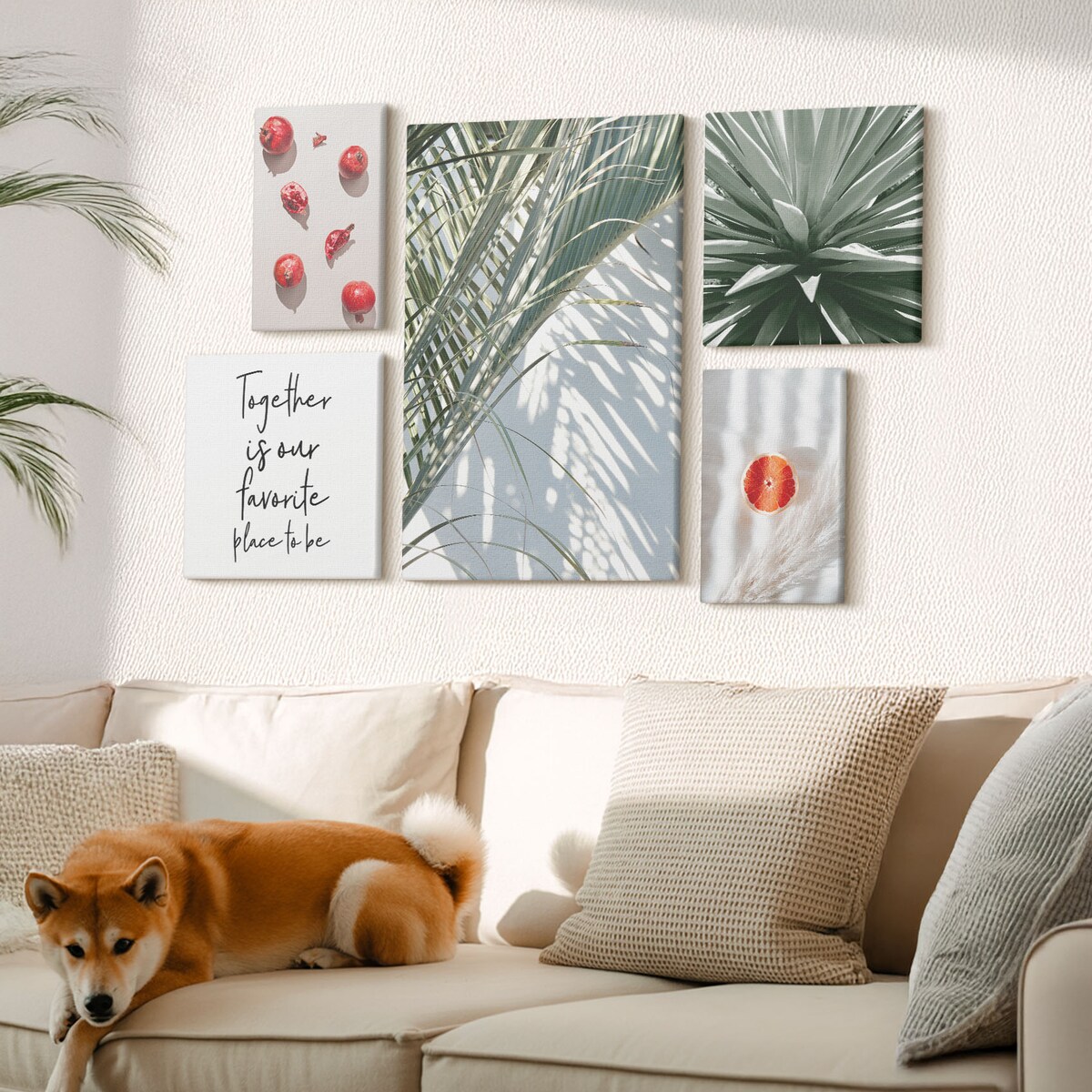 Zestaw 5 obrazów na płótnie - Styl boho rośliny owoce tropiki - zielony