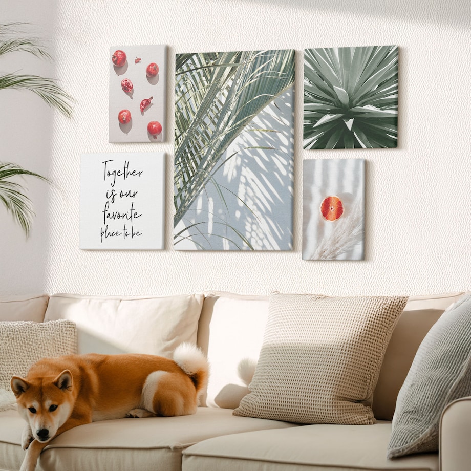 Zestaw 5 obrazów na płótnie - Styl boho rośliny owoce tropiki - zielony