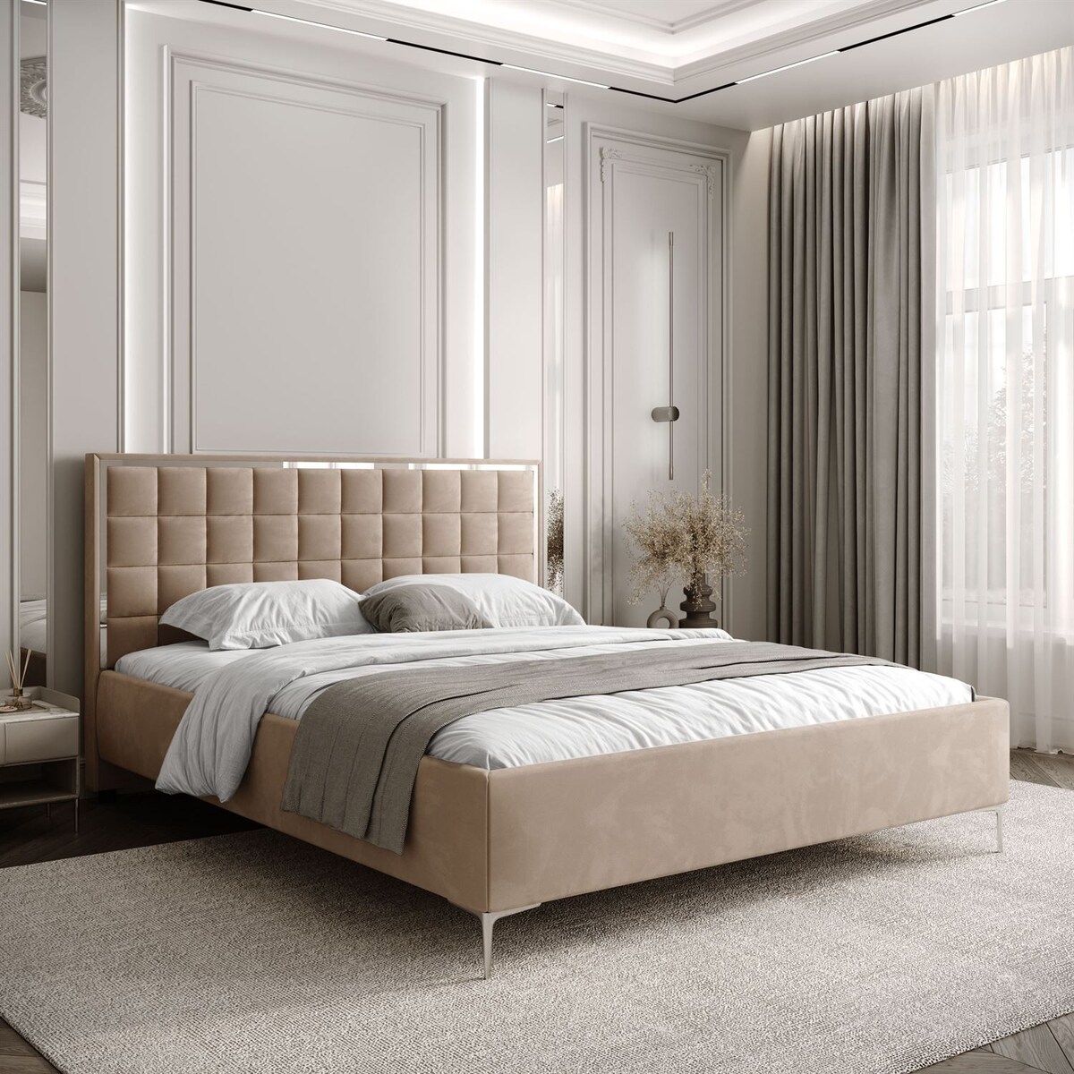 Łóżko tapicerowane ISADORA SILVER, pojemnik na pościel, stelaż 34, 140x200, RV 170