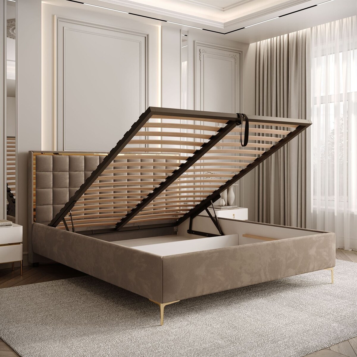 Łóżko tapicerowane ISADORA GOLD, pojemnik na pościel, stelaż 34, 140x200, RV 176