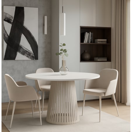 Stół VIV okrągły z lamelami do salonu, blat 90 cm biały -podstawa kaszmir