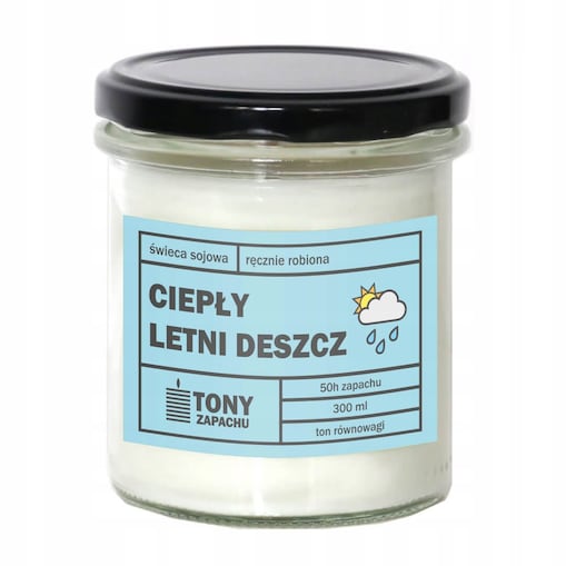 Naturalna ręcznie robiona świeca sojowa zapachowa w szkle CIEPŁY LETNI DESZCZ 50h palenia 300ml - prezent upominek dla kobiety mamy dziewczyny żony babci niej