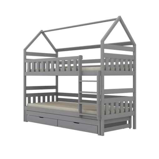 Łóżko piętrowe domek FELIKS 180x80 szare drewniane trzyosobowe z szufladami