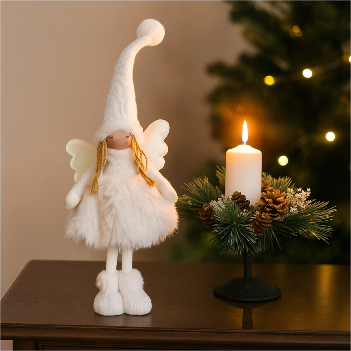 Aniołek Figurka Stojący 50 Cm Świąteczny Boże Narodzenie Biała Czapka