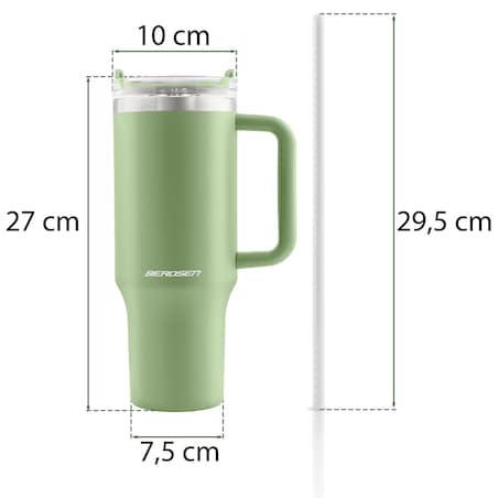 Kubek termiczny Berdsen zielony 1180ml stal nierdzewna zimne ciepłe napoje + zestaw słomek