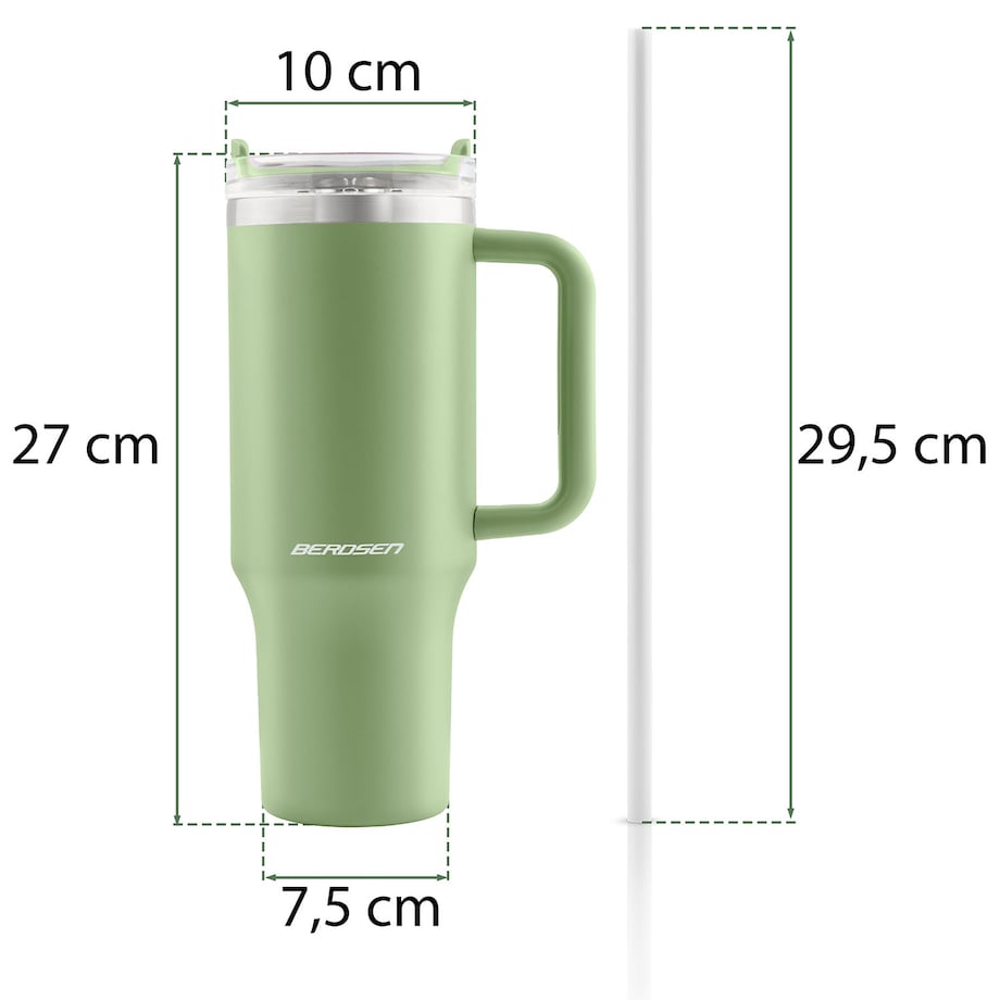 Kubek termiczny Berdsen zielony 1180ml stal nierdzewna zimne ciepłe napoje + zestaw słomek