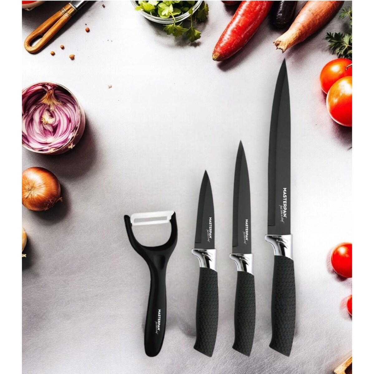 Zestaw Komplet Noży Kuchennych Czarne W Pudełku 4 El. Obieraczka Ostre