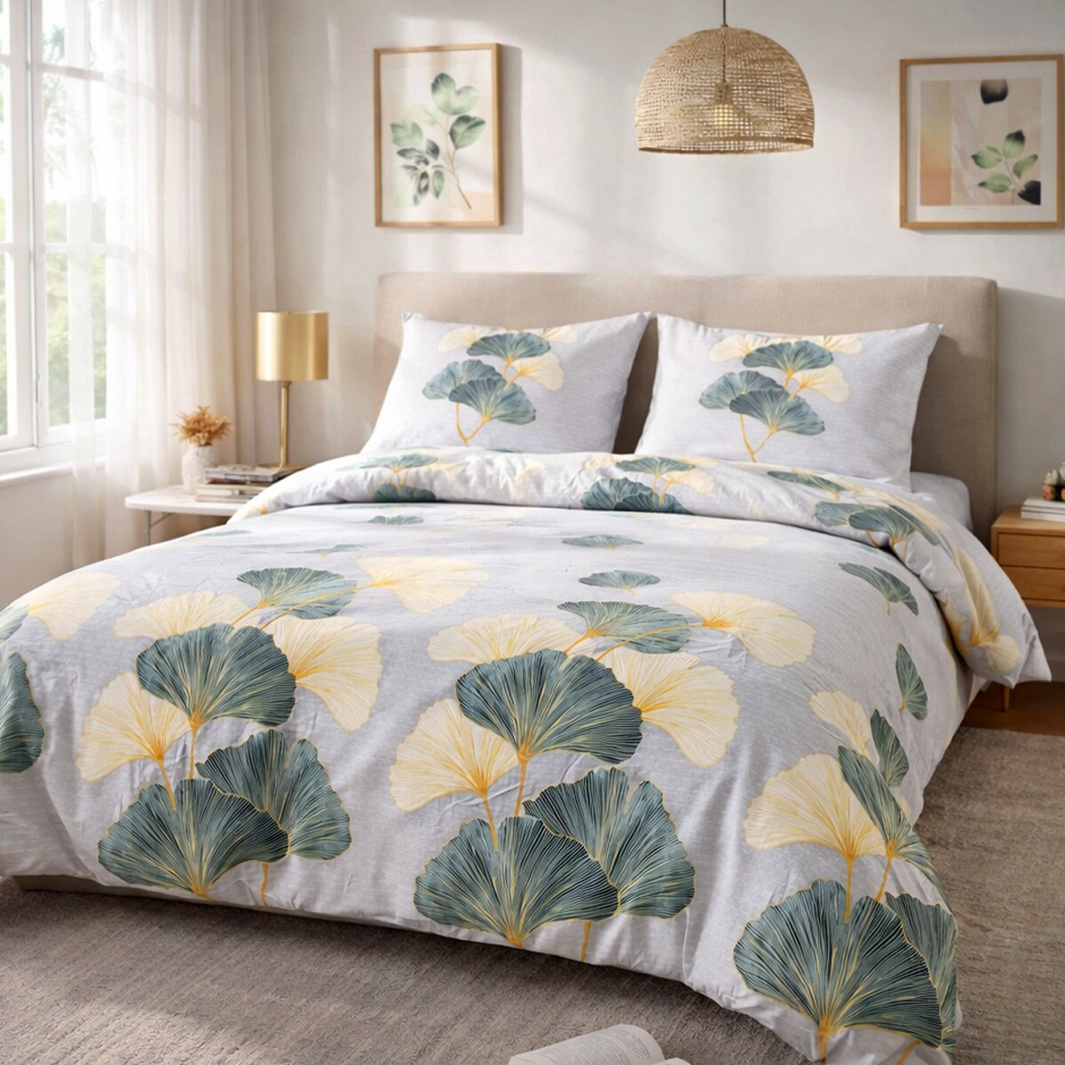 Pościel flanelowa 220x200 Solenne Light szara, liście miłorzębu, Flanelove