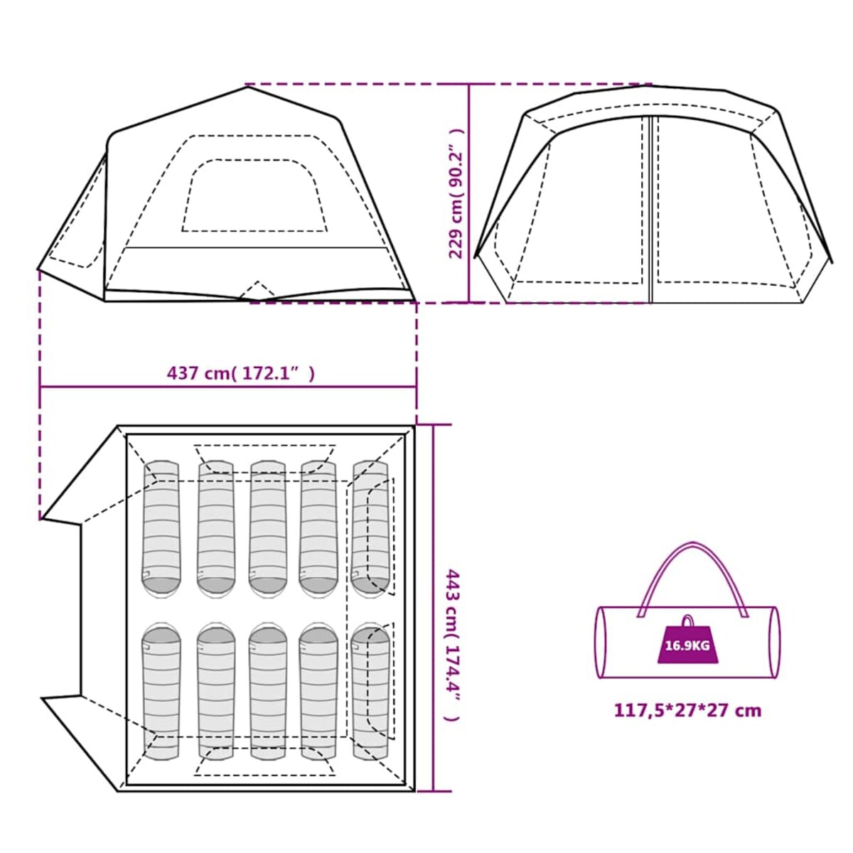 vidaXL Namiot rodzinny, 10-os., szaro-pomarańczowy, wodoszczelny