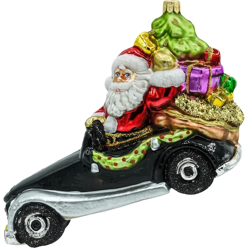 Bombka choinkowa szklana: Mikołaj w aucie retro z prezentami
