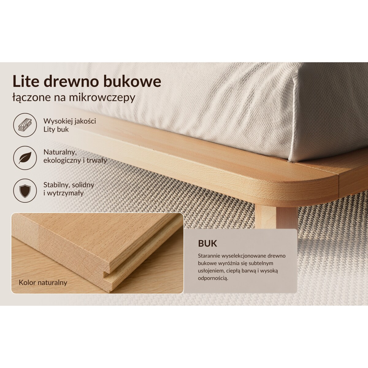 Łóżko lewitujące drewniane bukowe Eyko BORA / 140x200 cm / kolor naturalny / zagłówek ecru