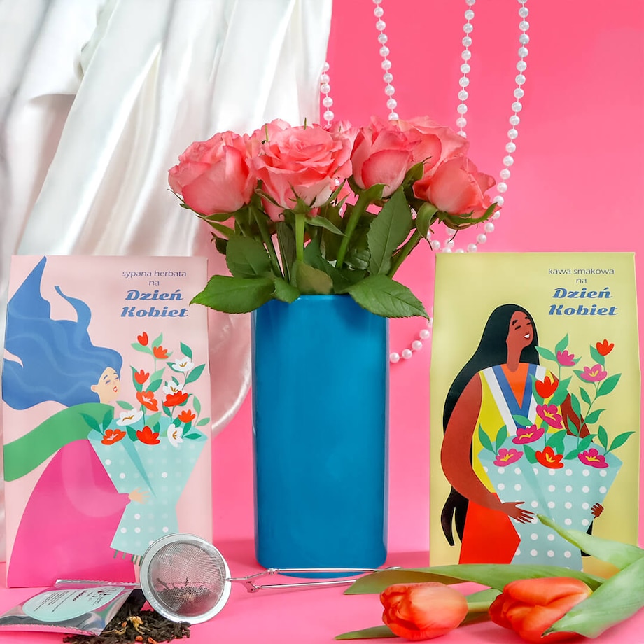Zestaw prezentowy dla Niej. Box z kawą i herbatą na Dzień Kobiet - prezent upominek. Zestaw 10 herbat sypanych, zestaw 10 kaw smakowych oraz elegancki zaparzacz w kształcie agrafki