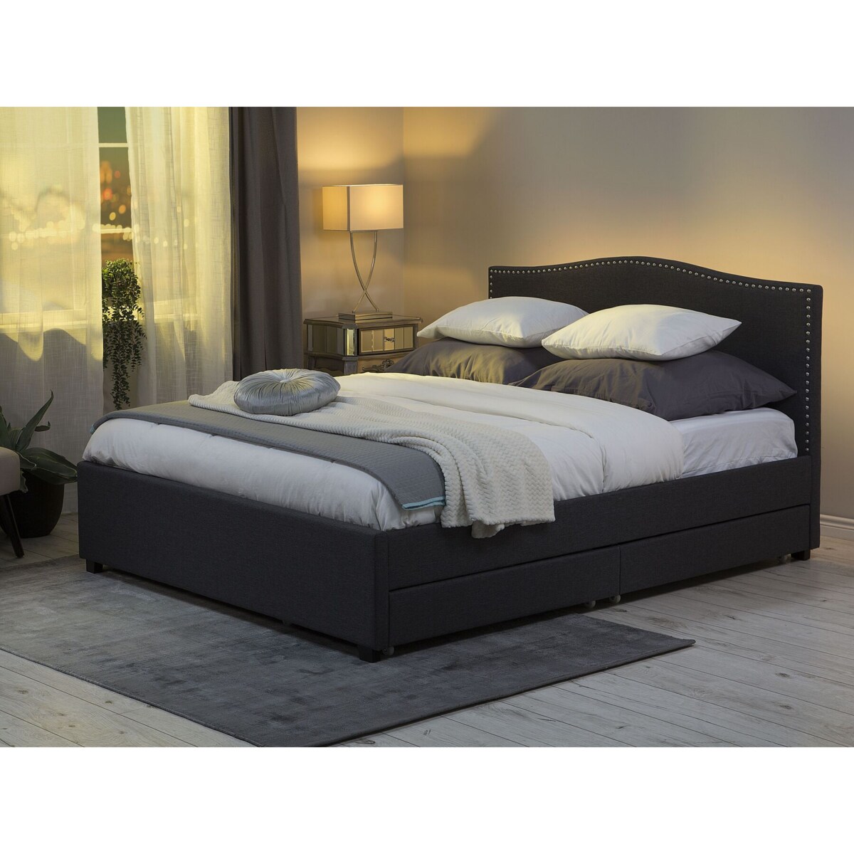 Łóżko z szufladami biały LED tapicerowane 160 x 200 cm szare MONTPELLIER