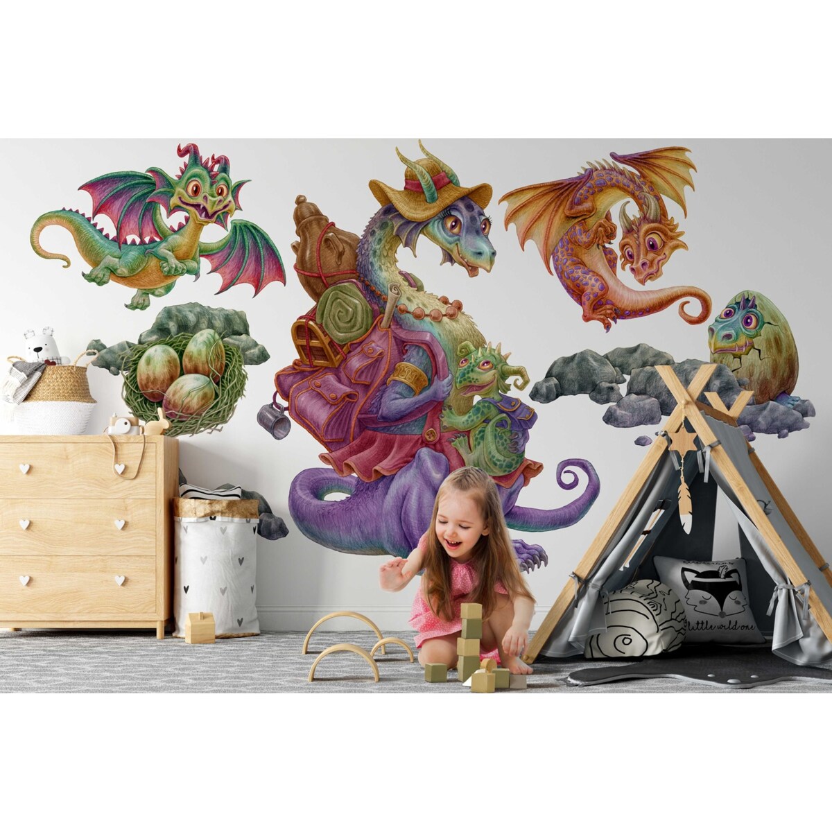 Zestaw naklejek na ścianę, Rodzina smoków, 130cm