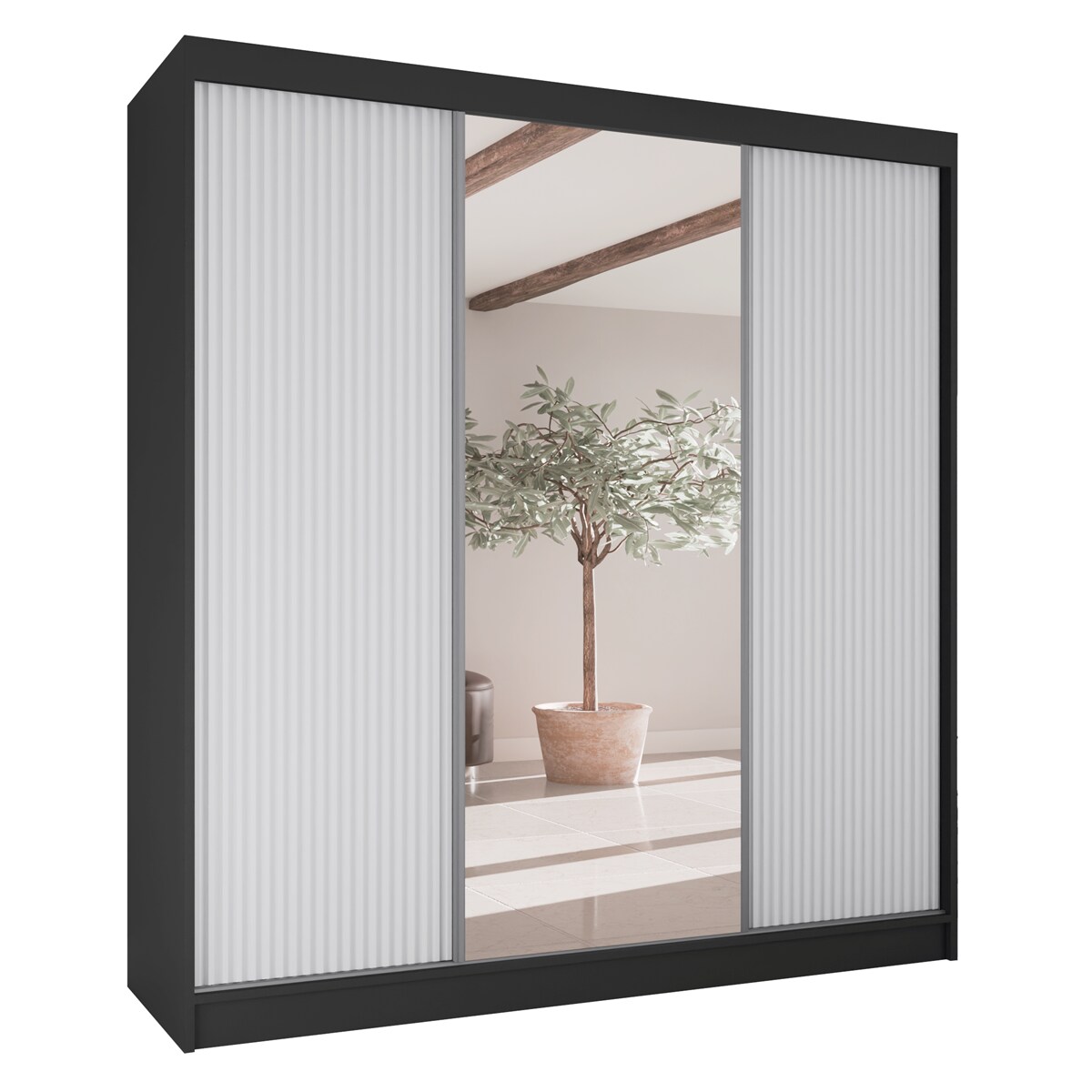 Szafa przesuwna V200 z lustrem i szufladami - czarna+ białe ryfle