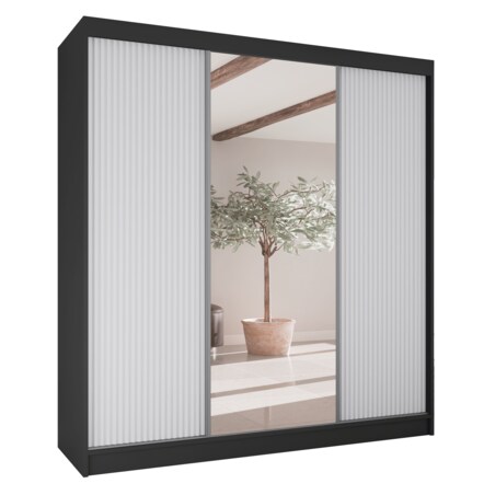 Szafa przesuwna V200 z lustrem i szufladami - czarna+ białe ryfle