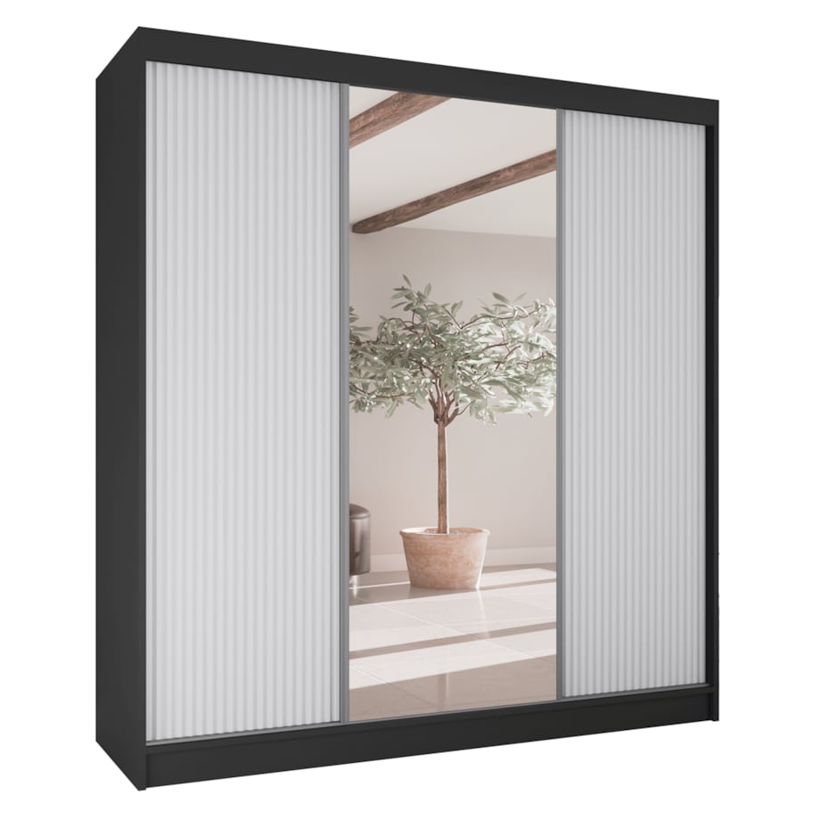 Szafa przesuwna V200 z lustrem i szufladami - czarna+ białe ryfle