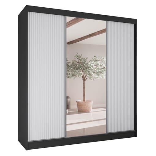 Szafa przesuwna V200 z lustrem i szufladami - czarna+ białe ryfle