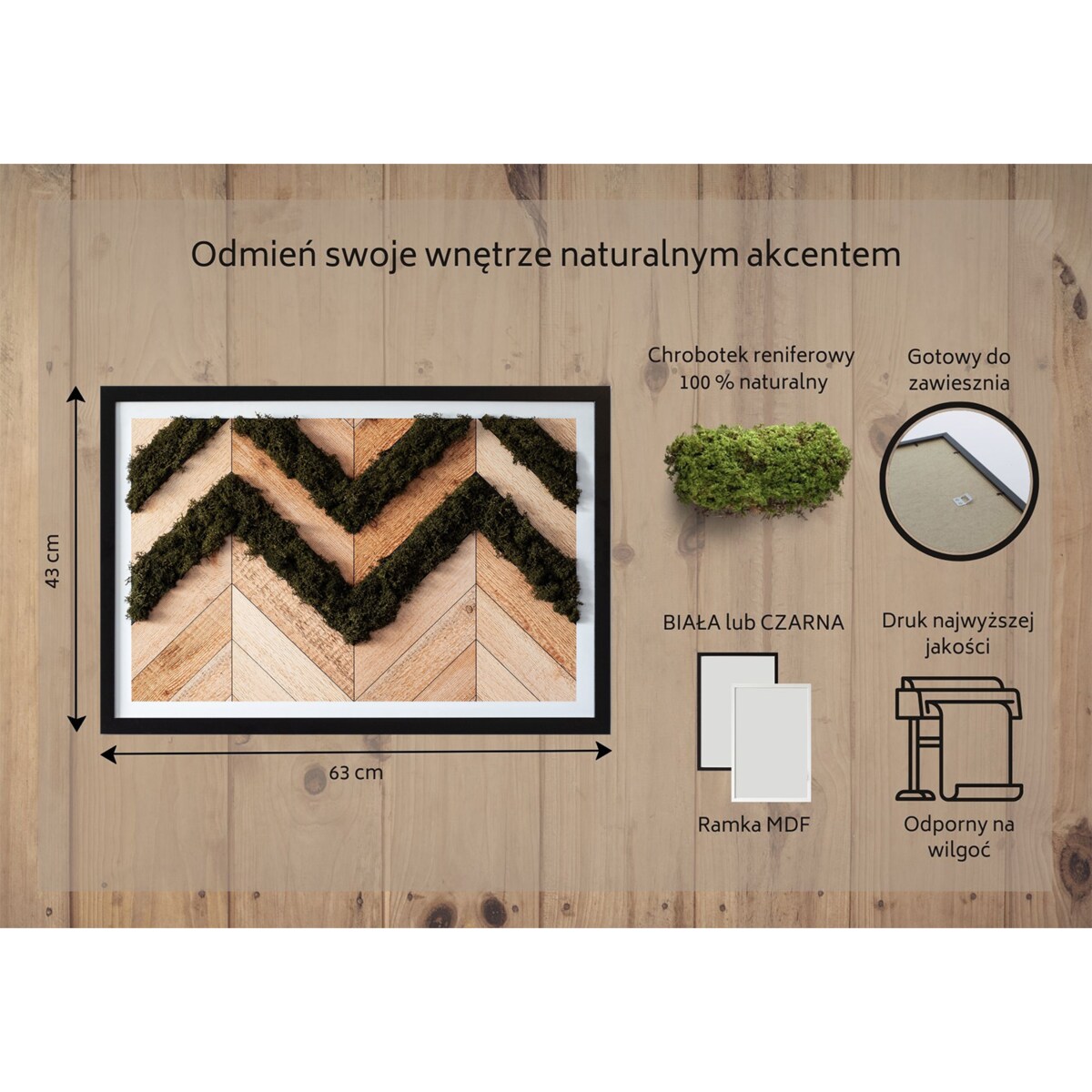 Obraz Deski w jodełkę - mech chrobotek w czarnej ramie 60x40cm