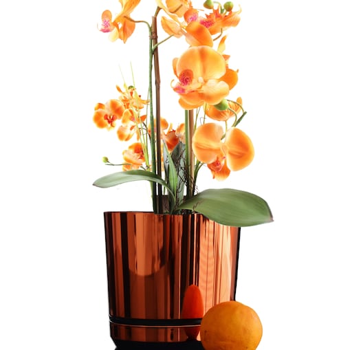 32 cm wzór ORANŻ Doniczka z podstawką nowoczesna glamour wysoki połysk metaliczny industrialny loft pomarańczowa duża donica