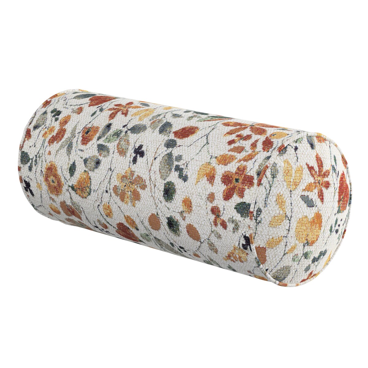 Poduszka wałek prosty, pomarańczowo-zielone kwiaty na kremowym tle, Ø16 x 40 cm, Cosy Home