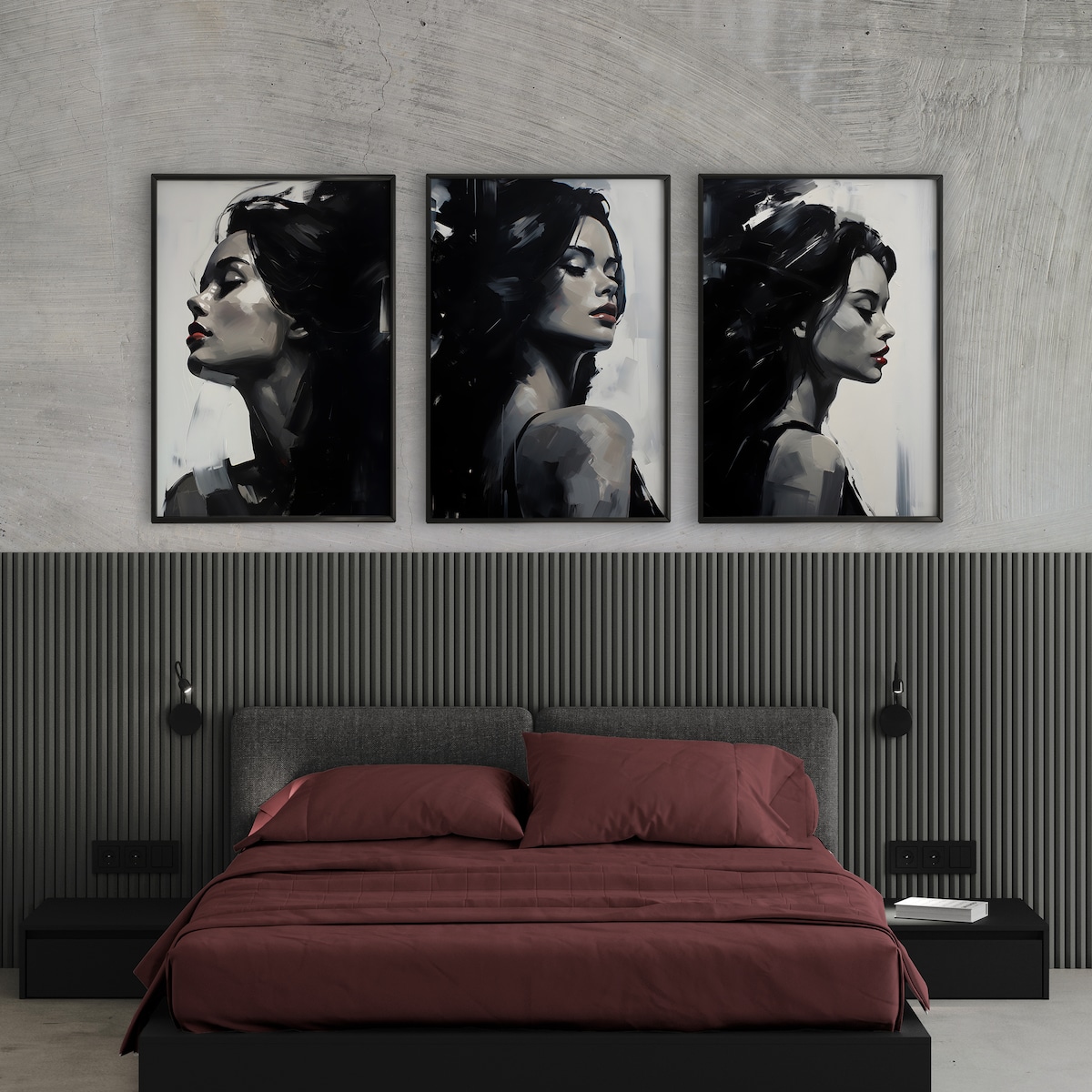 ZESTAW 3X PLAKAT W RAMIE DO SYPIALNI CZARNO-BIAŁE KOBIECE PORTRETY 60x80cm