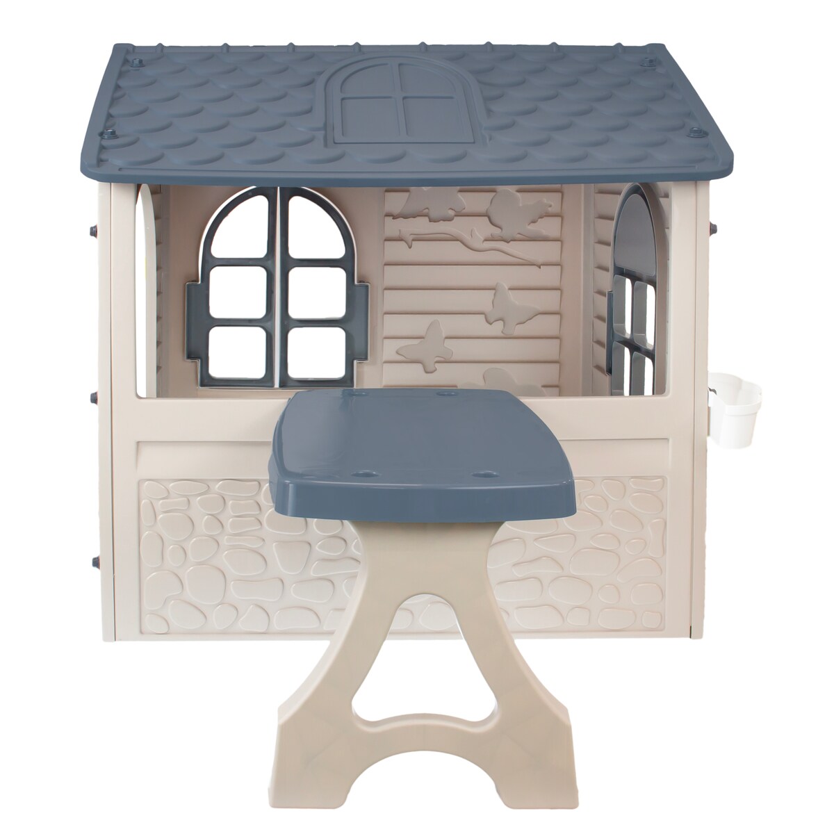 Domek ogrodowy dla dzieci ze stolikiem + zjeżdzalnia XXL do zabawy w ogrodzie zestaw beżowy