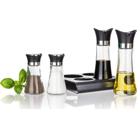 PRZYPRAWNIK na podstawce SOLNICZKA pojemnik na oliwę ocet 4w1 banquet box